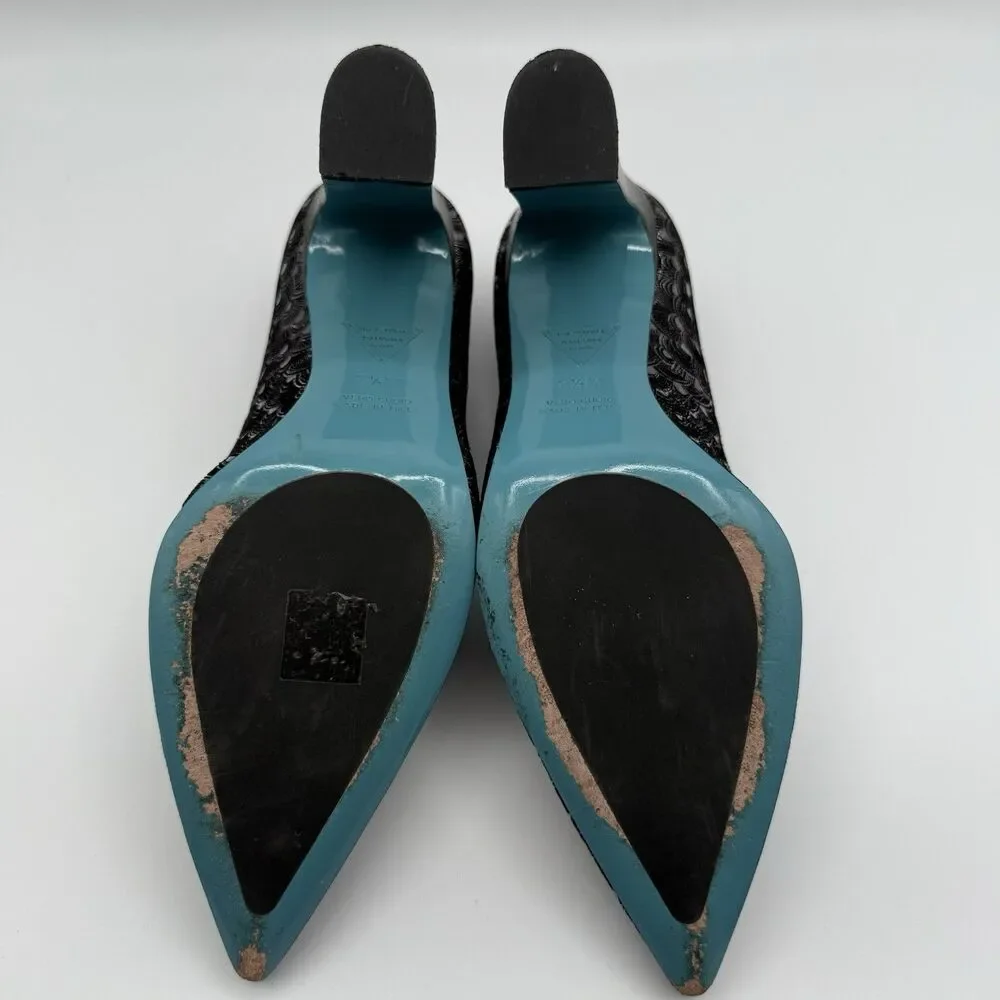 Valentina Rangoni Vintage Black Metallic Pumps 7.5M Pointed Toe Made Italy